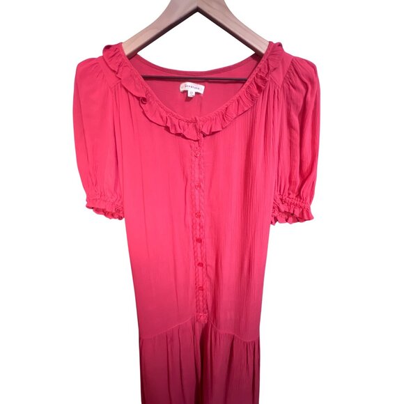 Max Studio Womens XS Red Ruffle Button-Front Midi Dress With Puff Sleeves & Tie- - Picture 3 of 5